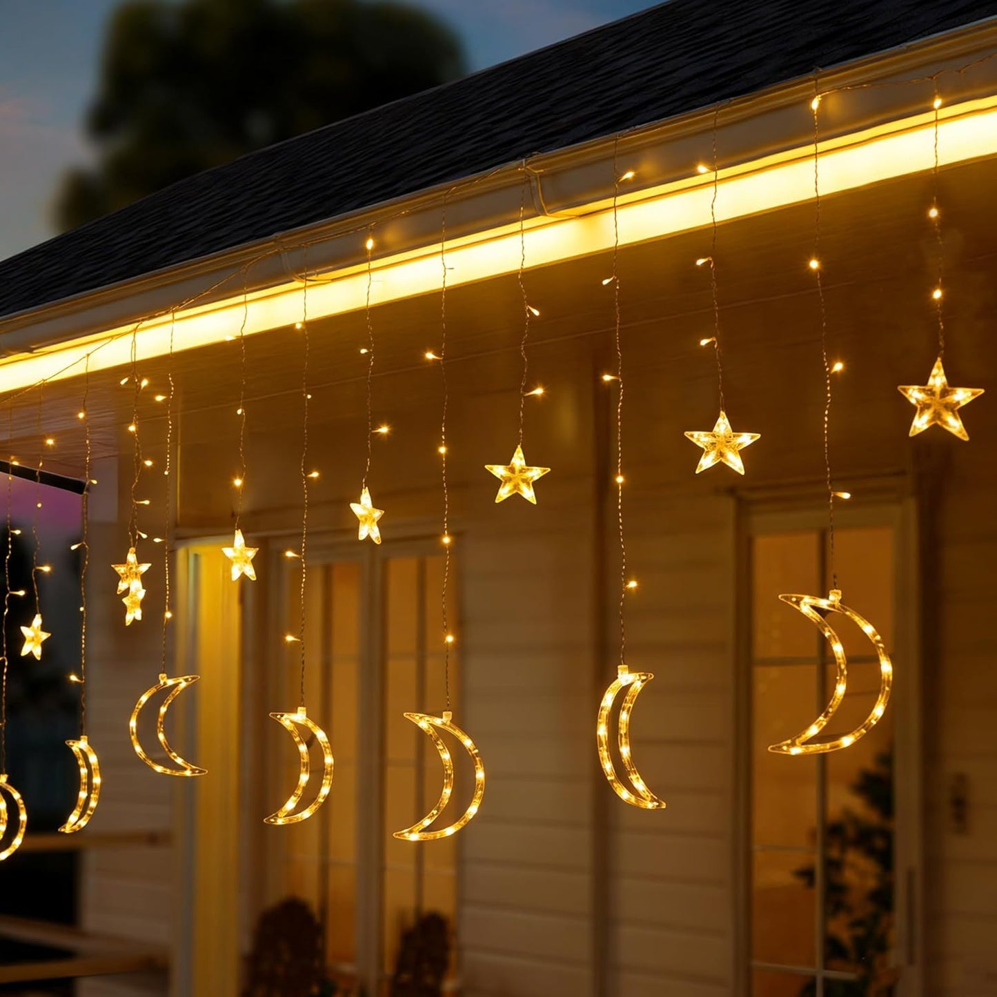TW SHINE Star & Moon Curtain String Lights - 138 LED, 8 Modes, Waterproof, 8.2 FT for Ramadan Decor
