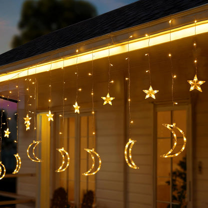 TW SHINE Star & Moon Curtain String Lights - 138 LED, 8 Modes, Waterproof, 8.2 FT for Ramadan Decor