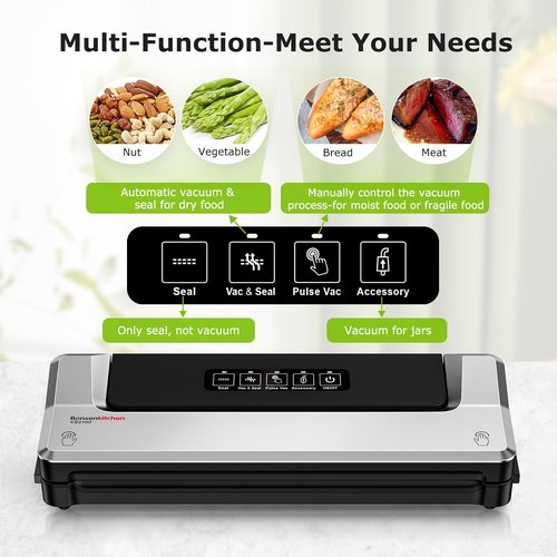 Bonsenkitchen Vacuum Sealer Machine - Compact Food Sealer for Meal Prep & Storage | 5 Bags Included, Silver