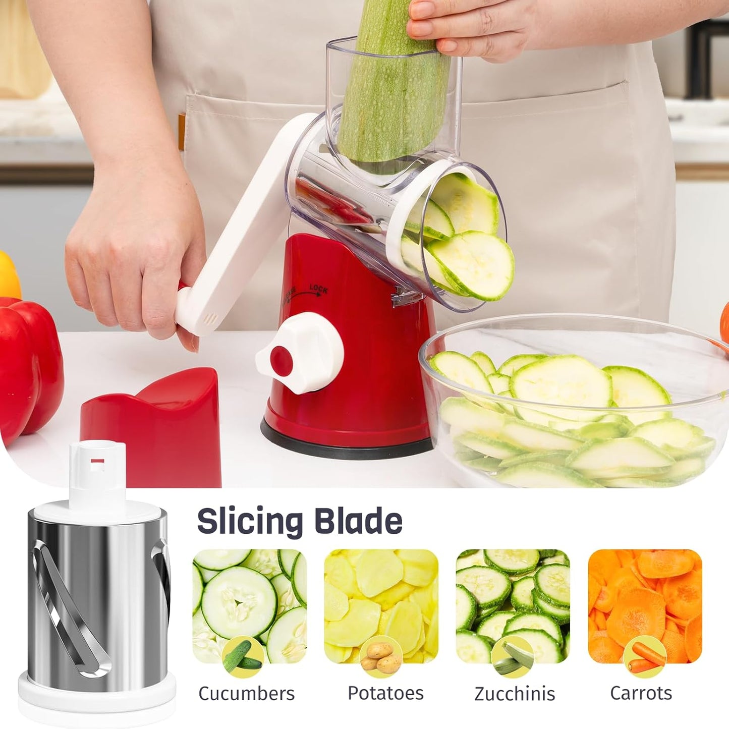 Rotary Cheese Grater - Hand Crank Slicer & Shredder with 3 Blades | Multi-Functional Kitchen Tool in Red
