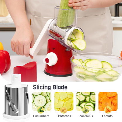 Rotary Cheese Grater - Hand Crank Slicer & Shredder with 3 Blades | Multi-Functional Kitchen Tool in Red