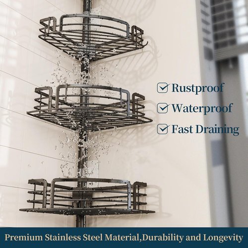 Consumest Corner Shower Caddy Tension Pole - Adjustable Rustproof Bath Organizer with Towel Bar & Soap Holder | 27.6-108.3 Inch, Black