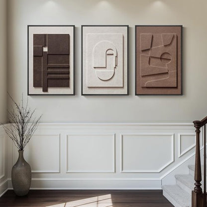3D Textured Framed Wall Art - Neutral Abstract Artwork by [Brand Name] | 3-Piece Modern Geometric Paintings for Bedroom & Living Room, 16x24 In