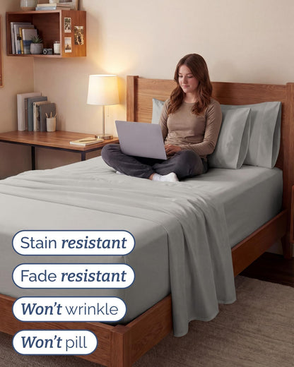 Skiennix Extra Deep Twin XL Sheet Set | 4-Piece Breathable Cooling Bedding - Soft, Wrinkle-Free, French Grey