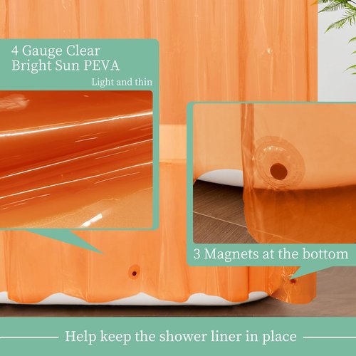 Mrs Awesome Clear Orange Shower Curtain Liner with 3 Magnets, 72x72 Premium Flexible Sturdy Plastic Shower Curtain for Bathroom Lightweight & Waterproof, Clear Orange