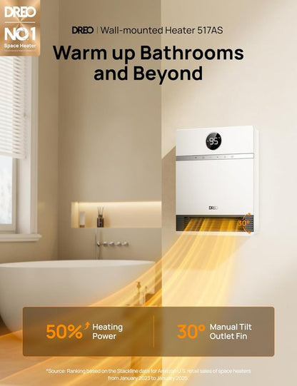 DREO Smart Wall Heater - IP24 Electric Space Heater with Remote Control & 30° Oscillation | Ideal for Bathrooms