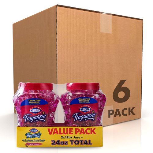 Clorox Fraganzia Crystal Beads Air Freshener Twin Pack, Long Lasting Room Deodorizer and Odor Eliminator Gel Beads for Home, Car, or Office, Spring Scent, 24 Fl Oz - 6 Pack