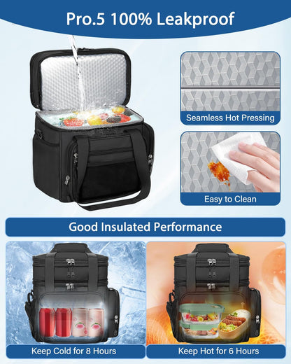 Skiennix Expandable Lunch Box Cooler Bag - Insulated Heavy-Duty Design for Men & Women | Large 15L Black Lunchbox for Work & Picnics
