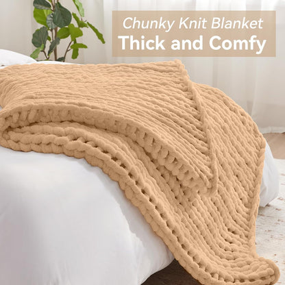 Negwoo Chunky Knit Throw Blanket - Handmade Beige Chenille Yarn | Soft & Comfy 30'' x 40'' for Home Decor