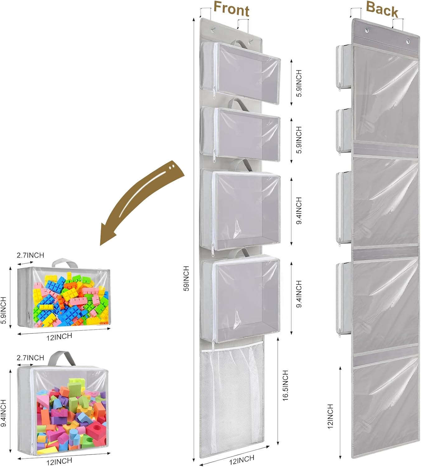 Woodoulogy Hanging Toy Storage - Over Door Stuffed Animal Organizer with 4 Removable Bags & Mesh Pocket