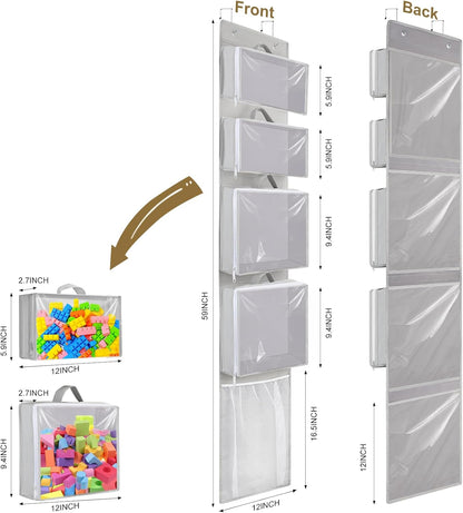 Woodoulogy Hanging Toy Storage - Over Door Stuffed Animal Organizer with 4 Removable Bags & Mesh Pocket