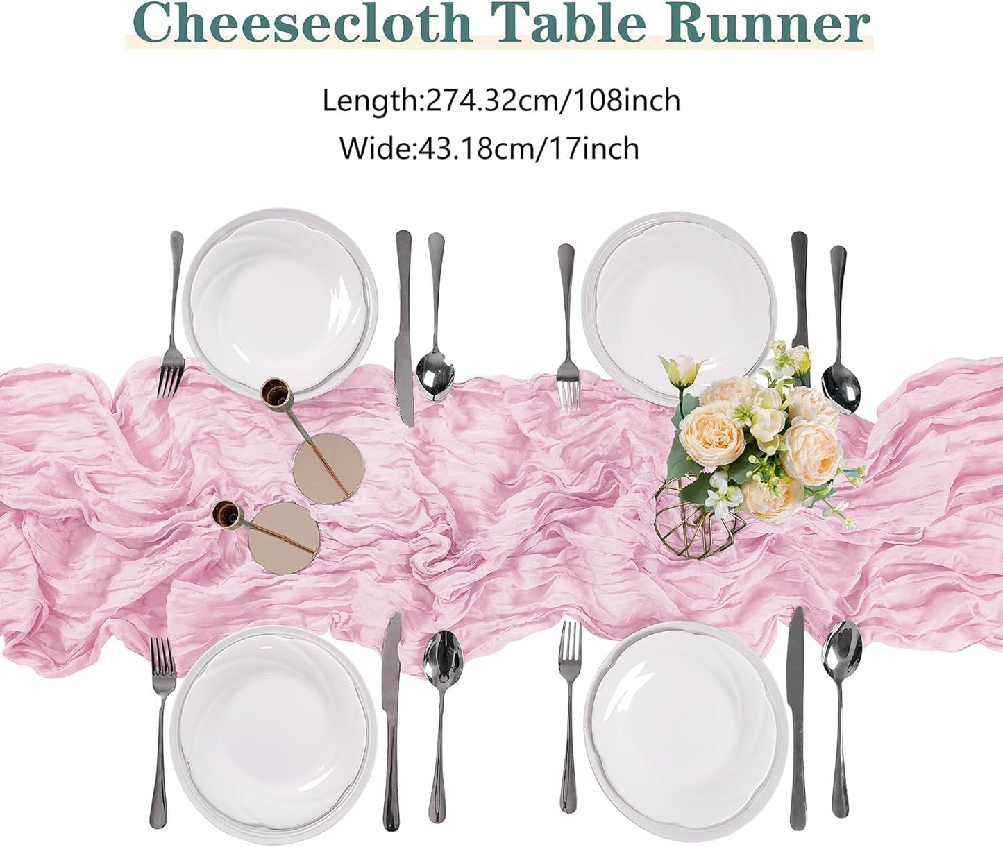Skiennix 15 Pack Pink Cheesecloth Table Runners - 9FT Rustic Sheer Gauze for Weddings & Events | 17x108 Inch