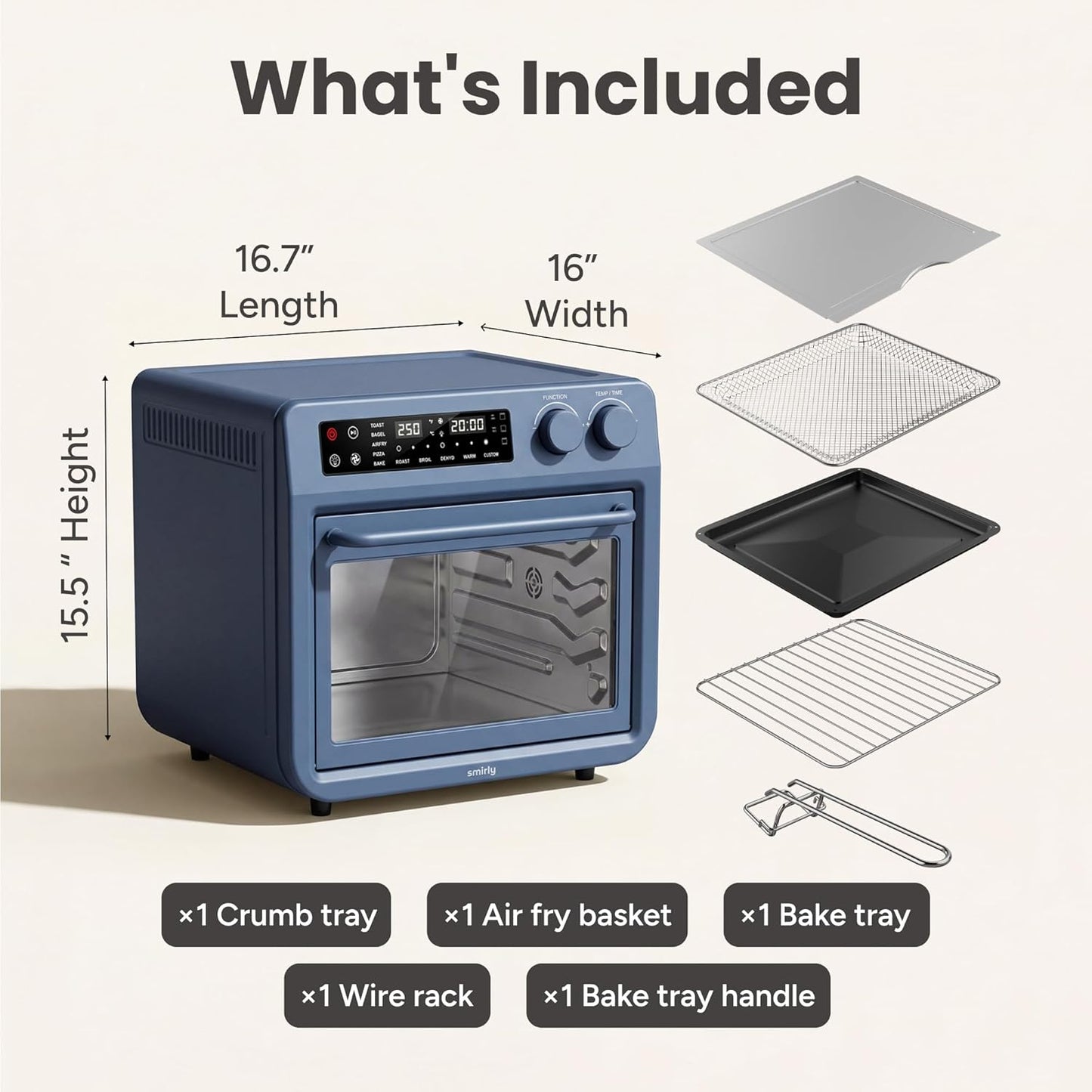 SMIRLY Digital Air Fryer Toaster Oven - 27QT Convection Oven | 10-in-1 Multi-Function, Fits 12" Pizza & 6 Slices of Toast, Stainless Steel, Blue
