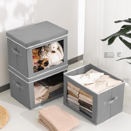 Homsorout Storage Bins - Foldable Fabric Baskets with Window & Handle | 3-Pack Grey Organizers