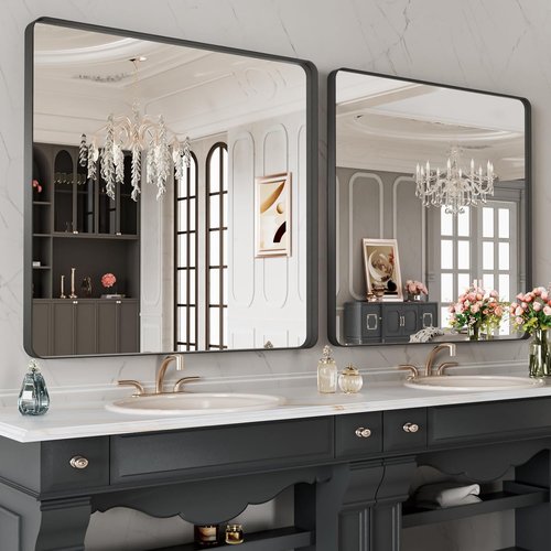LOAAO Black Metal Framed Bathroom Mirror - 28x32 Inch Matte Black Vanity Mirror, Anti-Rust, Versatile Hanging Options