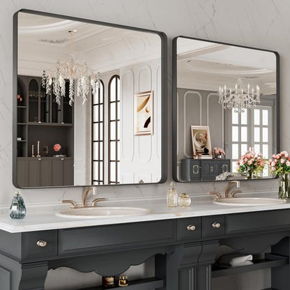 LOAAO Black Metal Framed Bathroom Mirror - 28x32 Inch Matte Black Vanity Mirror, Anti-Rust, Versatile Hanging Options