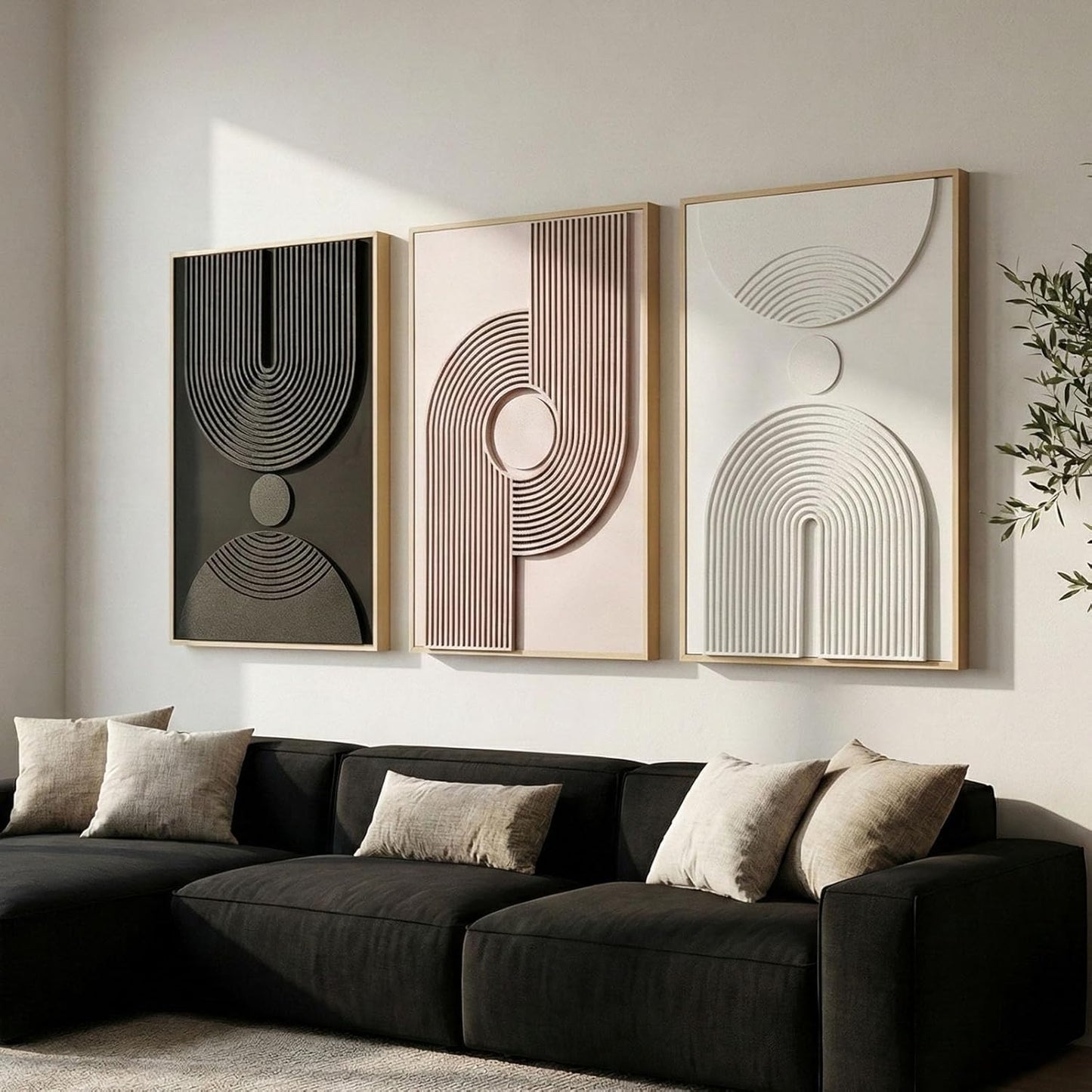 Regine Switzerland 3D Textured Abstract Wall Art - Modern Minimalist 3-Piece Set | Black, White, Beige, 24x36 In