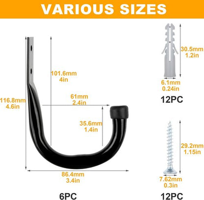KURUI Heavy Duty Garage Hooks - 6 Pack Storage Hooks for Tools & Cords | Black Wall Mount Utility Hooks
