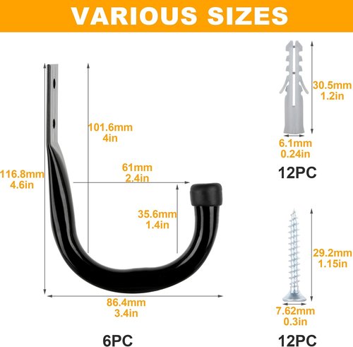 KURUI Heavy Duty Garage Hooks - 14Pcs J-Shape Carbon Steel Wall Mount Storage Hooks | Black for Home & Garden