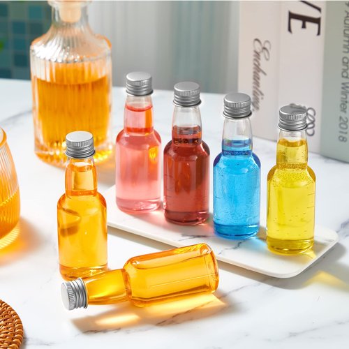 120 Pcs Mini Liquor Bottles Airtight Shot Miniature Empty Plastic Alcohol Spirit Shot Bottles with Funnels for Party Favors, Weddings(3.3 oz,Silver)