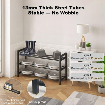 Detsuk 3-Tier Expandable Shoe Rack – Adjustable Heavy-Duty Metal Shoe Organizer Shelf for Closet, Entryway, Mudroom & Garage – Durable Freestanding Storage, Black