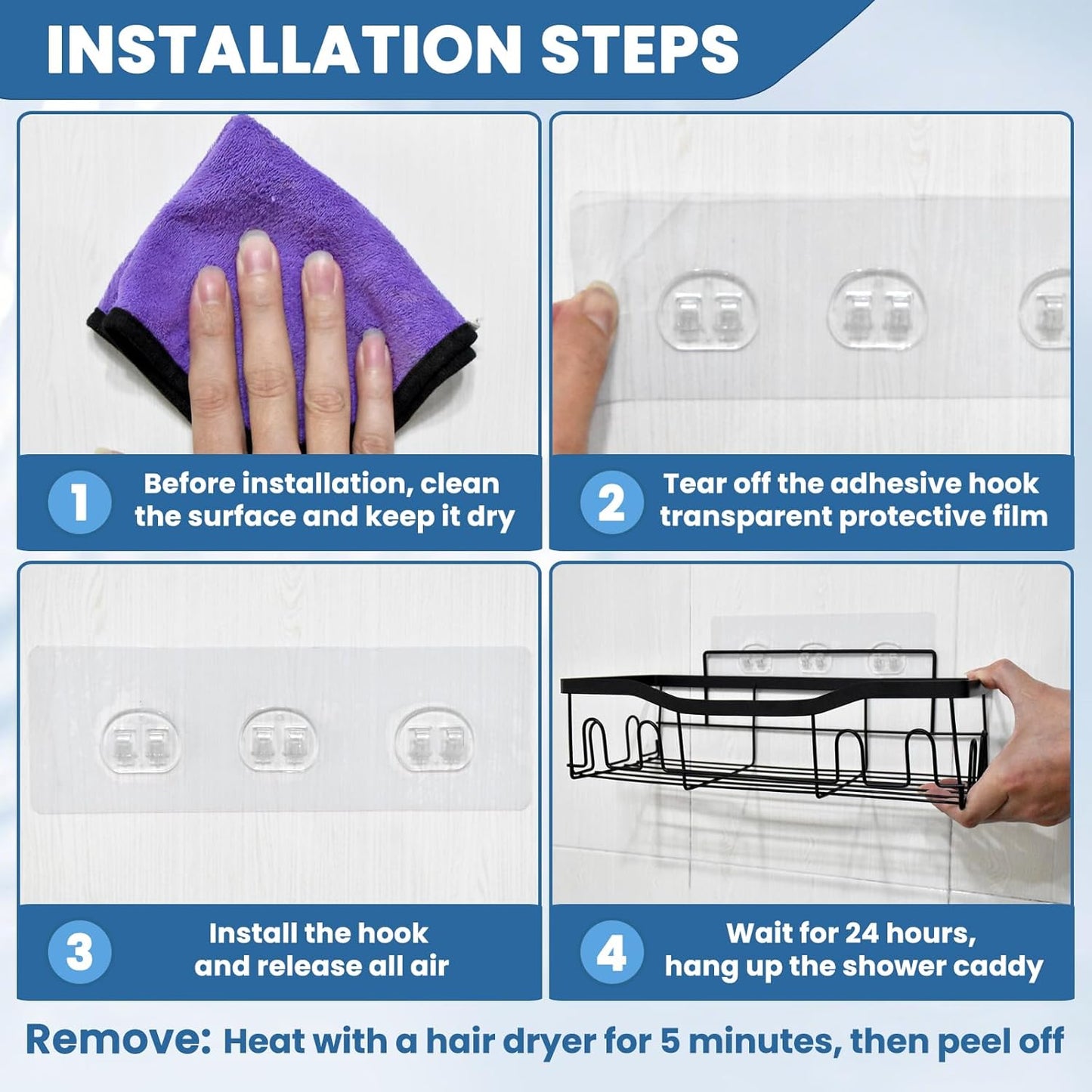 Skiennix Shower Caddy Adhesive Replacement - Strong No-Drill Hooks with Waterproof Strips | 18 Pack