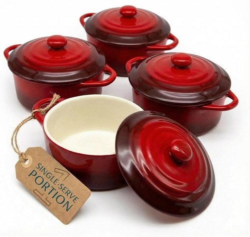 Kook Mini Cocotte Set - Small Casserole Dishes with Lids & Handles | Oven Safe 350°F, 12 oz, Set of 4 (Crimson Ombre)