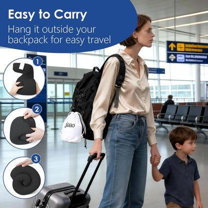 Jiaao Travel Pillow - Memory Foam Neck Support for Airplanes | Includes Eye Mask, Earplugs & Storage Bag