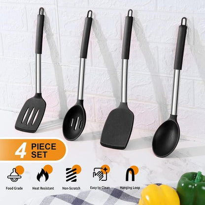 E-far Silicone Cooking Utensils Set - Heat Resistant & Non-Toxic for Non-Stick Cookware | 4-Piece Black Set