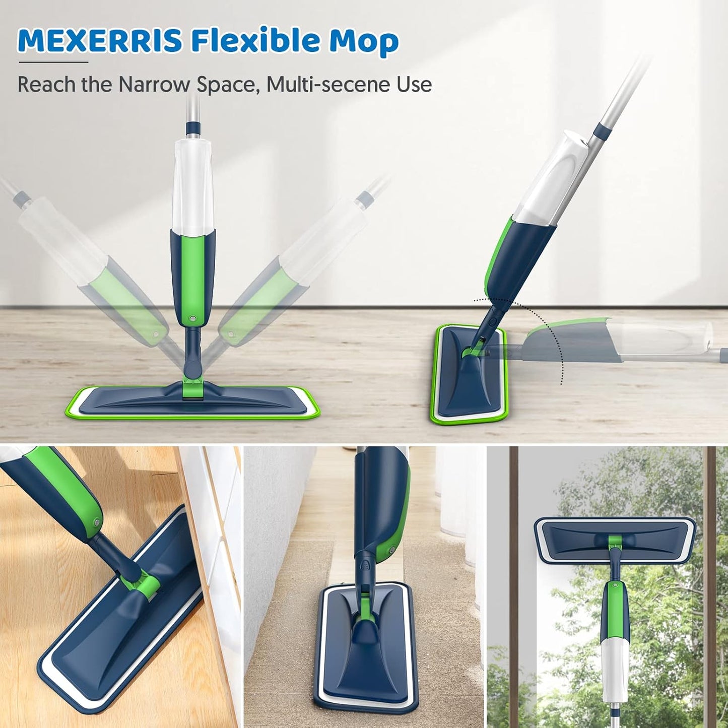 MEXERRIS Floor Mop - Spray Wet Mop for Hardwood Cleaning with 5 Washable Pads & 2 Refillable Bottles | Ideal for Home & Commercial Use