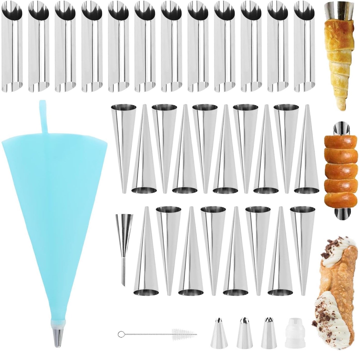 Skiennix 35-Piece Baking Mold Set - Stainless Steel Cannoli Forms & Puff Nozzle Tip for Cream Horns