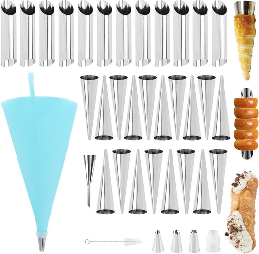 Skiennix 35-Piece Baking Mold Set - Stainless Steel Cannoli Forms & Puff Nozzle Tip for Cream Horns