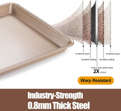Skiennix Nonstick Cookie Sheets - Heavy Duty 2-Pack Baking Pan Set | Gold Diamond Texture, Oven Safe