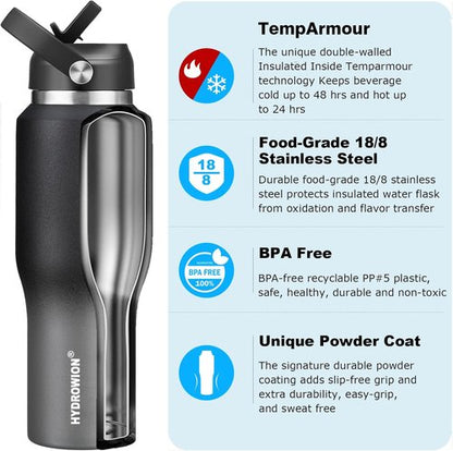 HYDROWION Insulated Water Bottle - 40 oz Stainless Steel Tumbler with Leak-Proof Straw & Flex Cap | Black & Grey