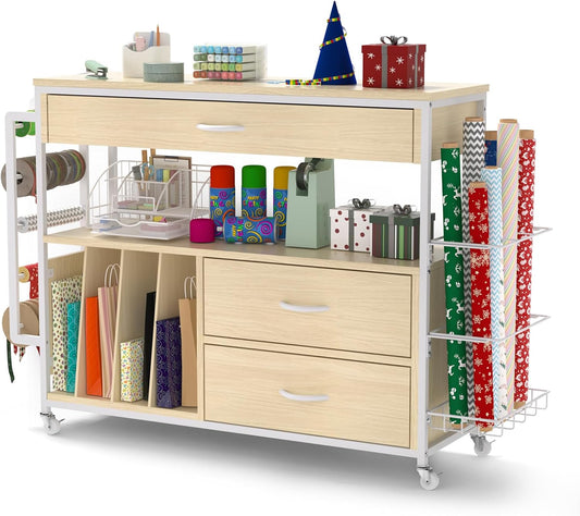 Skiennix Wrapping Paper Organizer - Stylish Craft Cart with Ribbon & Gift Bag Storage | Oak Finish, 3 Drawers