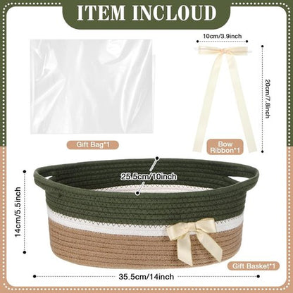 Colingmill Woven Gift Basket - Decorative Storage Box with Ribbons & Handles | 14 x 10 x 5.5 Inch, Green Khaki