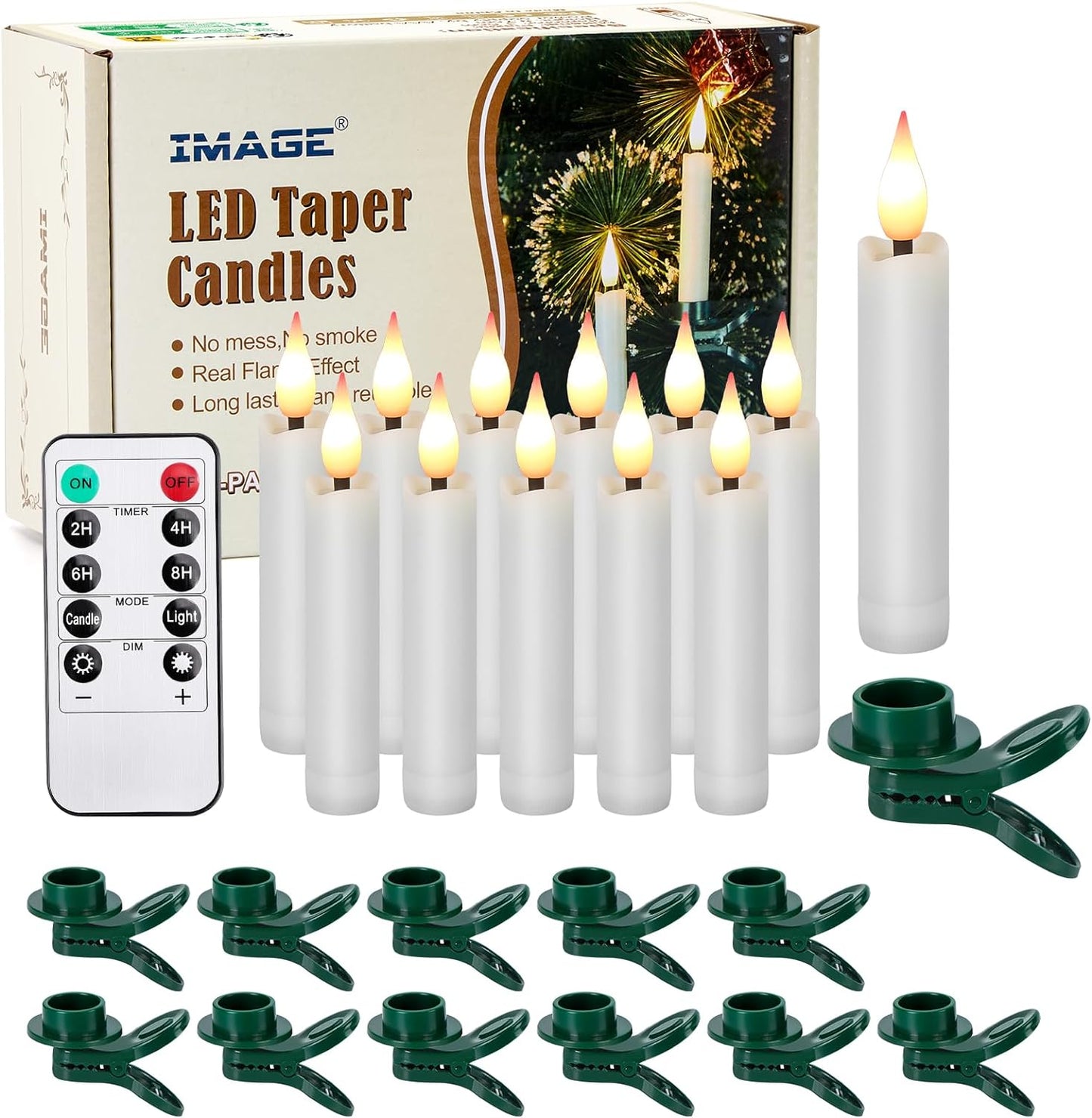 Skiennix 12-Pcs LED Taper Candle Set - Flameless 3D Wick Ivory Candles with Clip-On Design & Remote Timer