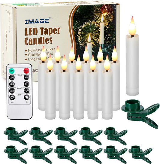 Skiennix 12-Pcs LED Taper Candle Set - Flameless 3D Wick Ivory Candles with Clip-On Design & Remote Timer