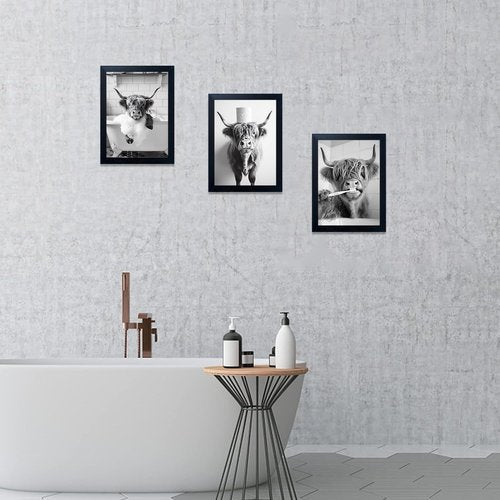 Highland Cow Wall Art | Framed Bathroom Decor - Cute Black and White 3-Piece Canvas Set