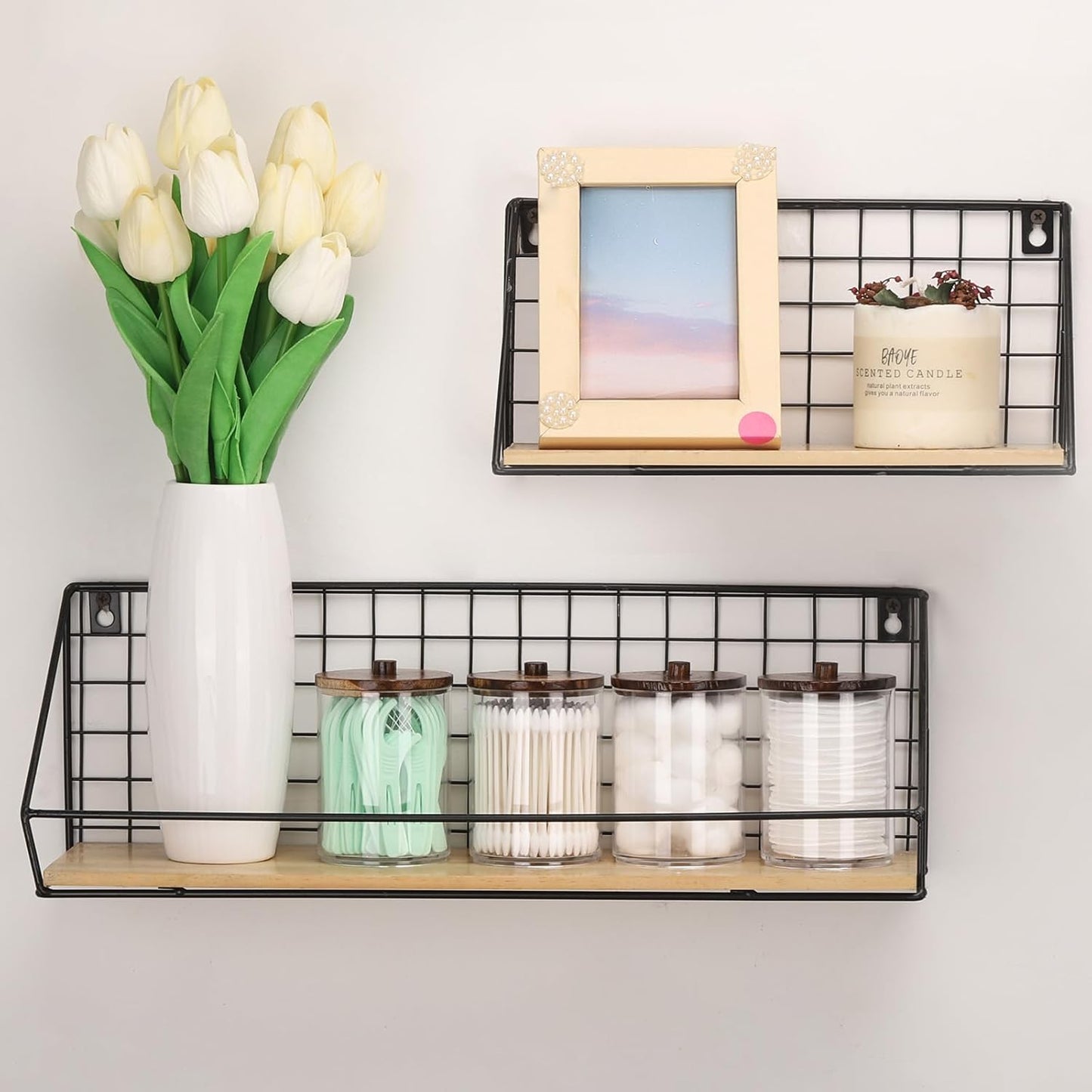 Tbestmax Qtip Holder Bathroom Set - 4 Pack Clear Plastic Organizers with Wood Lids | 10 oz Apothecary Jars for Cotton Balls & Swabs