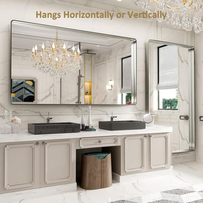 LOAAO Brushed Nickel Bathroom Mirror - 84x32 Inch Rounded Rectangle Design | Anti-Rust, Versatile Hanging Options