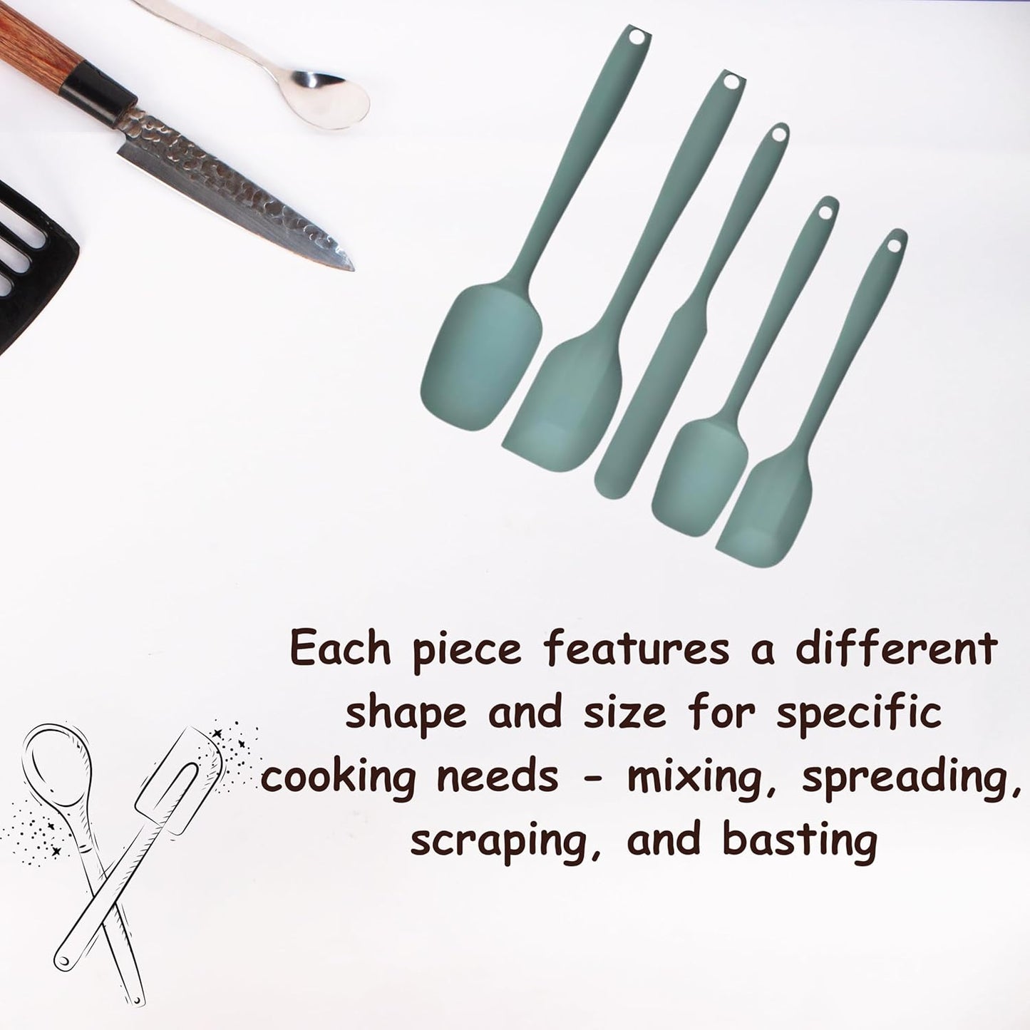 Skiennix Silicone Spatula Set - 5-Piece Heat Resistant Kitchen Utensils | Sage Green, Non-Stick Design for Easy Cleaning and Flipping Pancakes