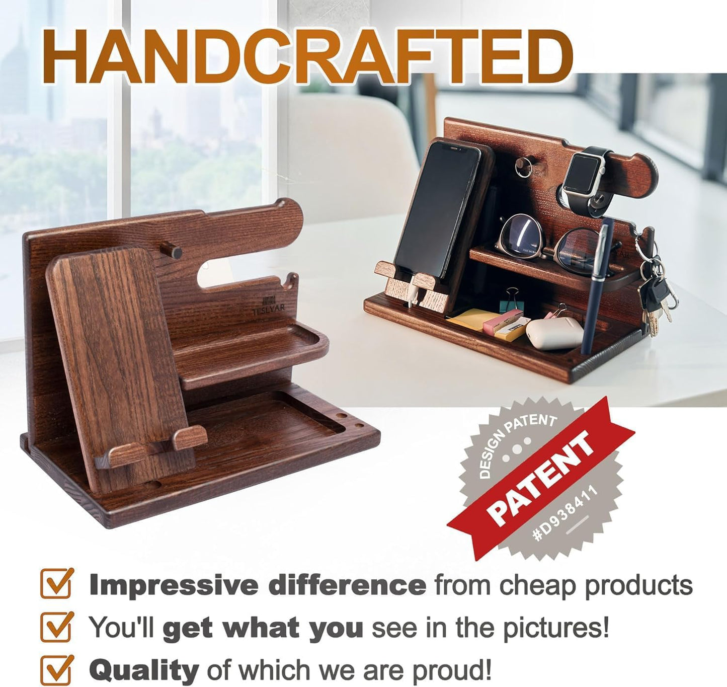 TESLYAR Wood Phone Docking Station - Elegant Desk Organizer for Men | Key Holder & Watch Stand (Bourbon Brown)