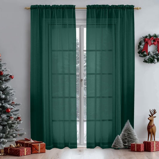 OWENIE Green Sheer Curtains 84 Inches Long for 2 Panels Set for Christmas, Solid Light Filtering Fimly Voile Sheer Curtains for Living Room Bedroom, Hunter Green, 42"x84"