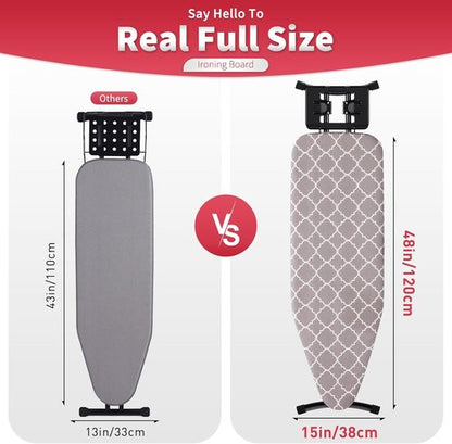 Full Size Ironing Board - Sturdy 57” x 15” Design with Iron Rest & Heat Resistant Cover - Black Gray