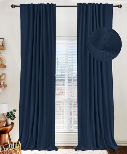 Skiennix 100% Blackout Linen Curtains - Thermal Insulated Drapes, 50" W x 108" L, Midnight Blue, 2 Panels Set