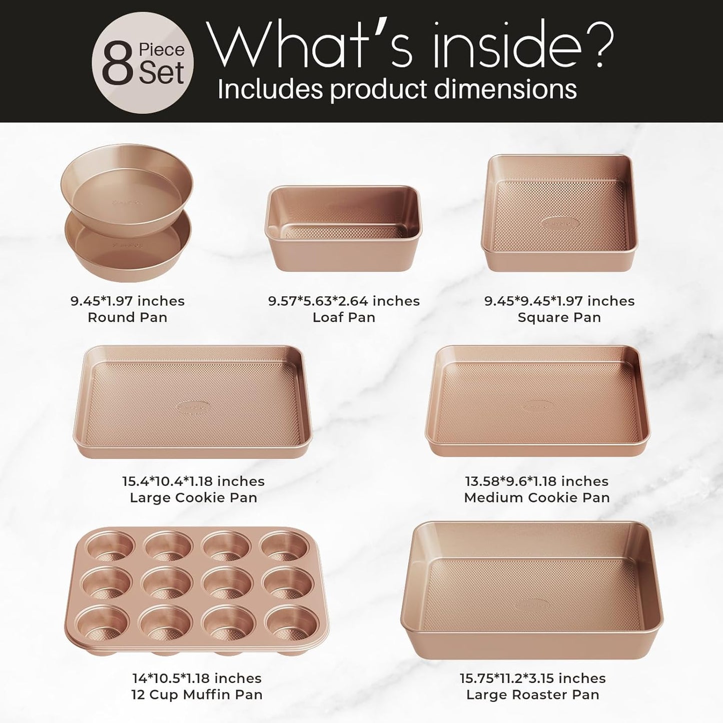 Skiennix Baking Pans Set - 8-Piece Nonstick Bakeware Set with Ceramic Coating | Gold Finish