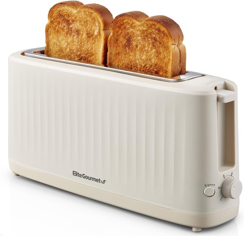 Elite Gourmet SLIMTOAST™ 2-Slice Long Slot Toaster - Cool-Touch Body & 6 Toast Settings | Extra Wide 1.5” Slot in Cremello