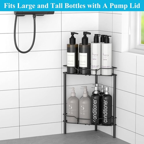 HuggieGems 2-Tier Floor Standing Corner Shower Caddy Organizer - Matte Black Bathroom Shelf with Hooks