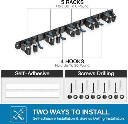 IMILLET Wall Mounted Broom and Mop Holder - Heavy Duty Stainless Steel Organizer with 5 Racks & 4 Hooks